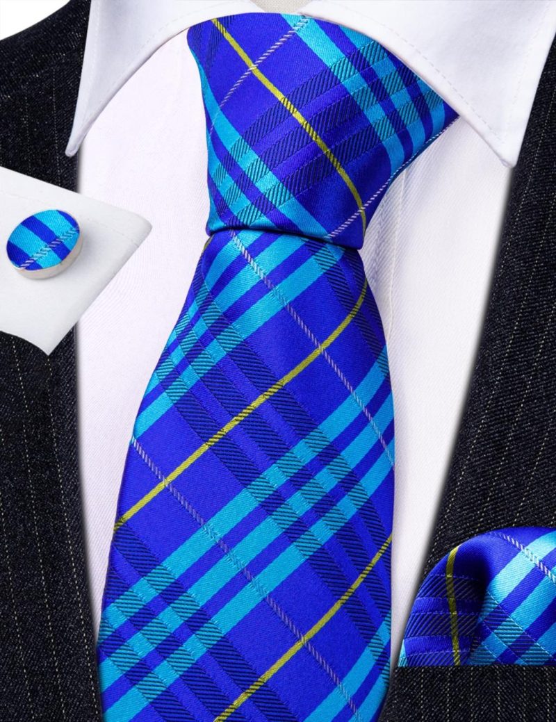 Barry.Wang Plaid Silk Men Tie Hanky Cufflinks Set Checked Jacquard Necktie for Male Formal Casual Wedding Business Party Events - Image 5