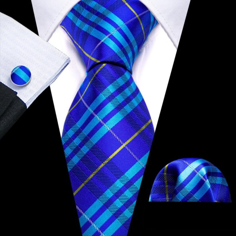 Barry.Wang Plaid Silk Men Tie Hanky Cufflinks Set Checked Jacquard Necktie for Male Formal Casual Wedding Business Party Events - Image 8