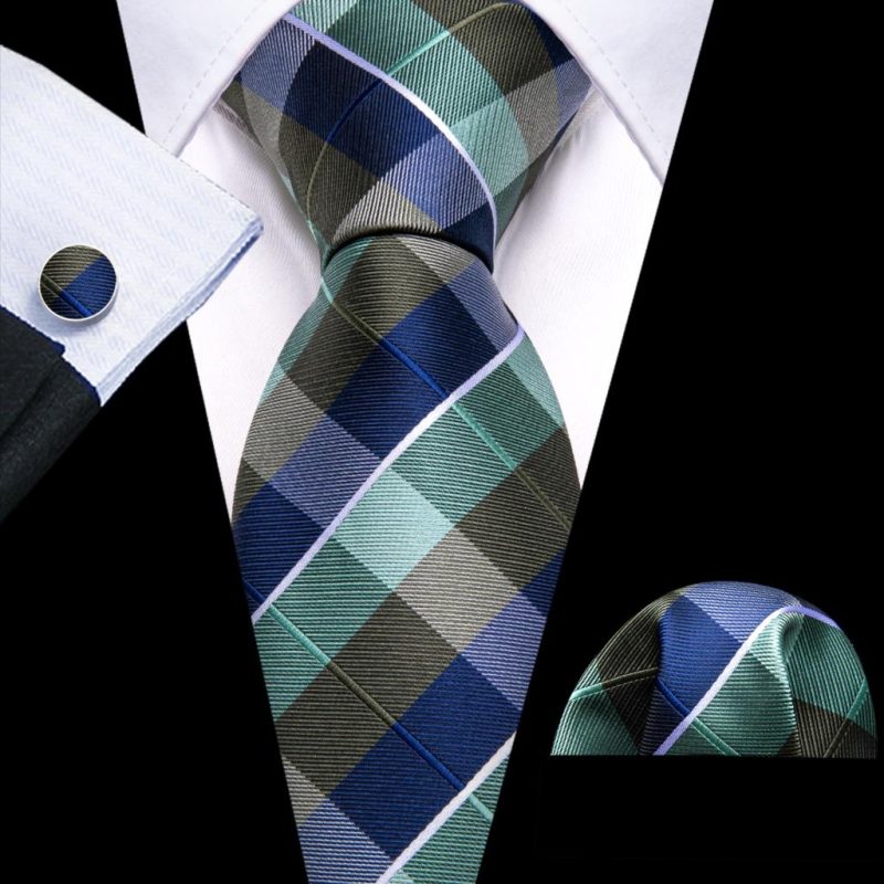 Barry.Wang Plaid Silk Men Tie Hanky Cufflinks Set Checked Jacquard Necktie for Male Formal Casual Wedding Business Party Events - Image 9