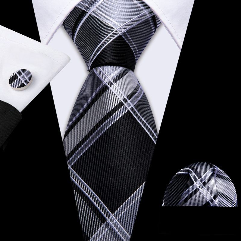 Barry.Wang Plaid Silk Men Tie Hanky Cufflinks Set Checked Jacquard Necktie for Male Formal Casual Wedding Business Party Events - Image 10