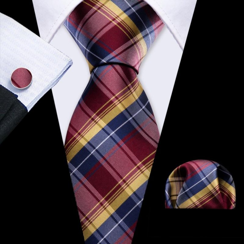Barry.Wang Plaid Silk Men Tie Hanky Cufflinks Set Checked Jacquard Necktie for Male Formal Casual Wedding Business Party Events - Image 11