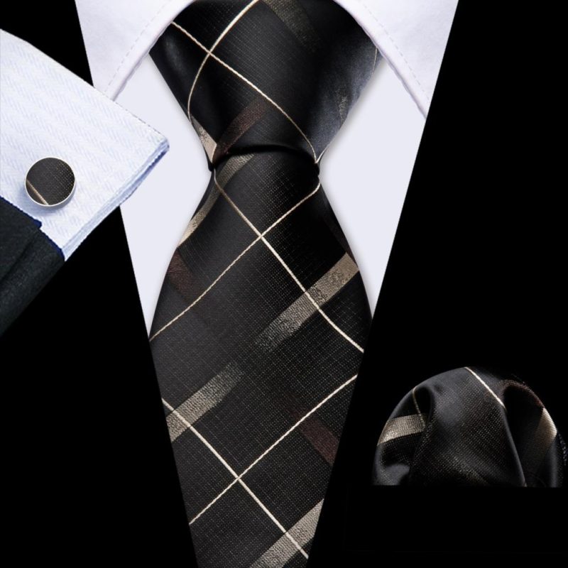 Barry.Wang Plaid Silk Men Tie Hanky Cufflinks Set Checked Jacquard Necktie for Male Formal Casual Wedding Business Party Events - Image 13