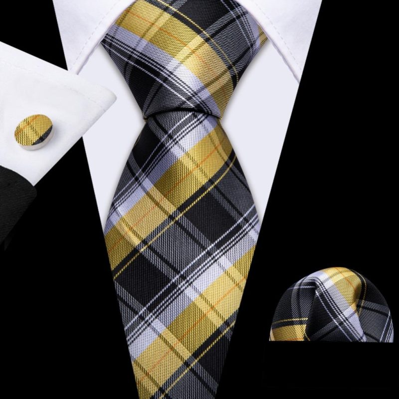 Barry.Wang Plaid Silk Men Tie Hanky Cufflinks Set Checked Jacquard Necktie for Male Formal Casual Wedding Business Party Events - Image 17