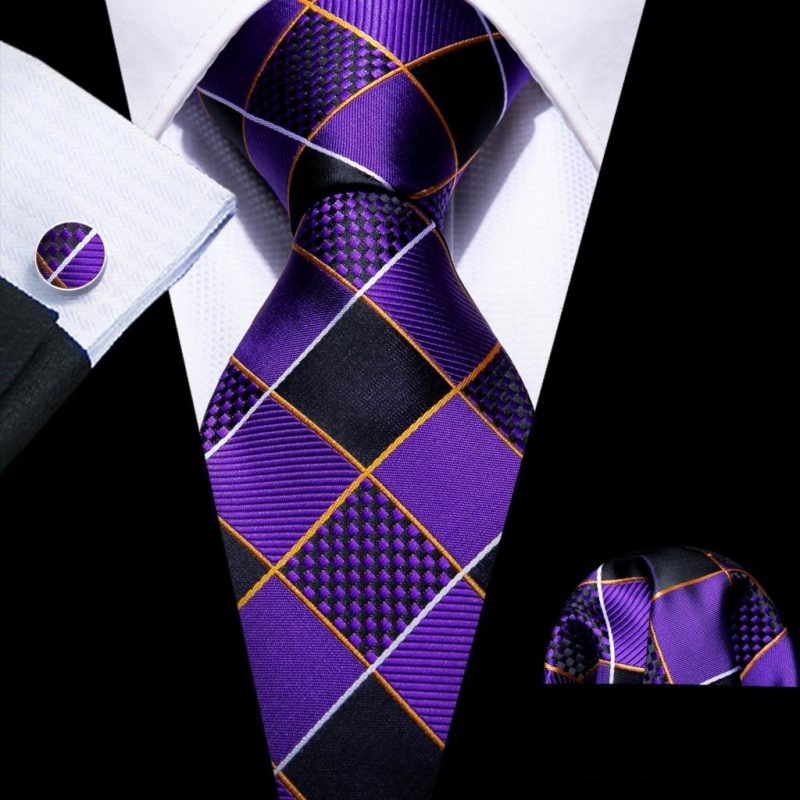Barry.Wang Plaid Silk Men Tie Hanky Cufflinks Set Checked Jacquard Necktie for Male Formal Casual Wedding Business Party Events - Image 27