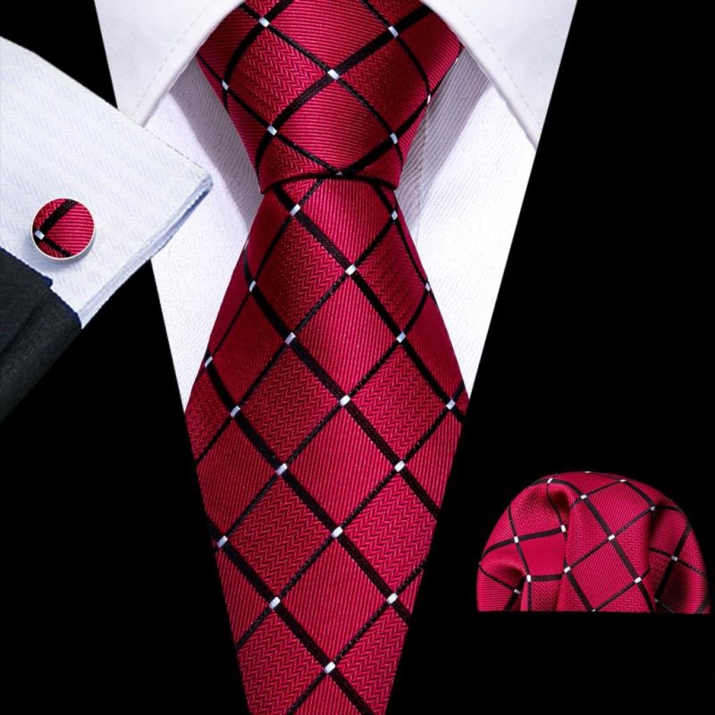 Barry.Wang Plaid Silk Men Tie Hanky Cufflinks Set Checked Jacquard Necktie for Male Formal Casual Wedding Business Party Events - Image 31