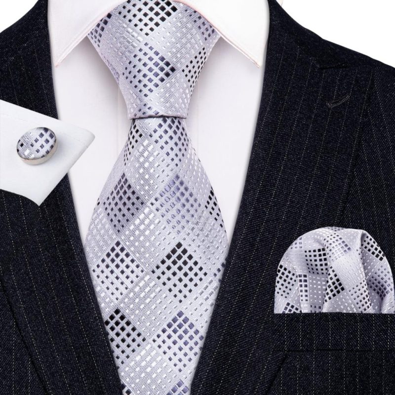 Barry.Wang Plaid Silk Men Tie Hanky Cufflinks Set Checked Jacquard Necktie for Male Formal Casual Wedding Business Party Events - Image 38