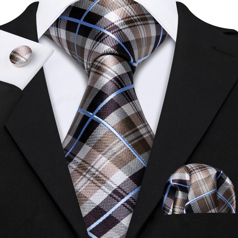Barry.Wang Plaid Silk Men Tie Hanky Cufflinks Set Checked Jacquard Necktie for Male Formal Casual Wedding Business Party Events - Image 39