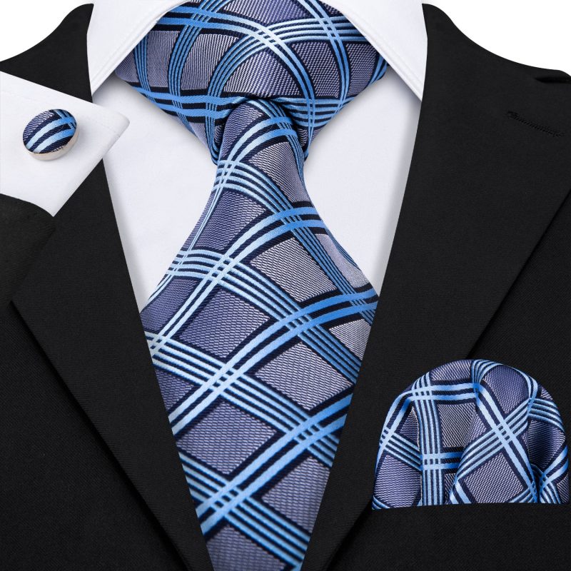 Barry.Wang Plaid Silk Men Tie Hanky Cufflinks Set Checked Jacquard Necktie for Male Formal Casual Wedding Business Party Events - Image 40