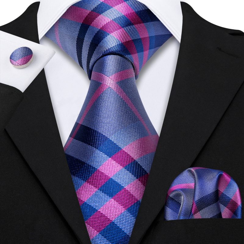 Barry.Wang Plaid Silk Men Tie Hanky Cufflinks Set Checked Jacquard Necktie for Male Formal Casual Wedding Business Party Events - Image 43