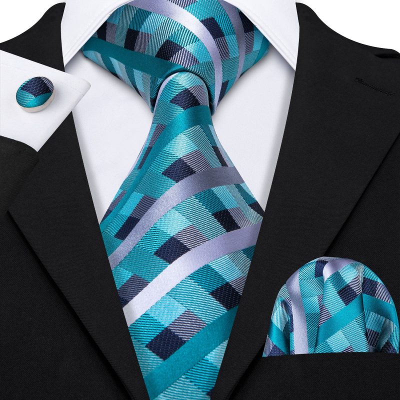 Barry.Wang Plaid Silk Men Tie Hanky Cufflinks Set Checked Jacquard Necktie for Male Formal Casual Wedding Business Party Events - Image 44