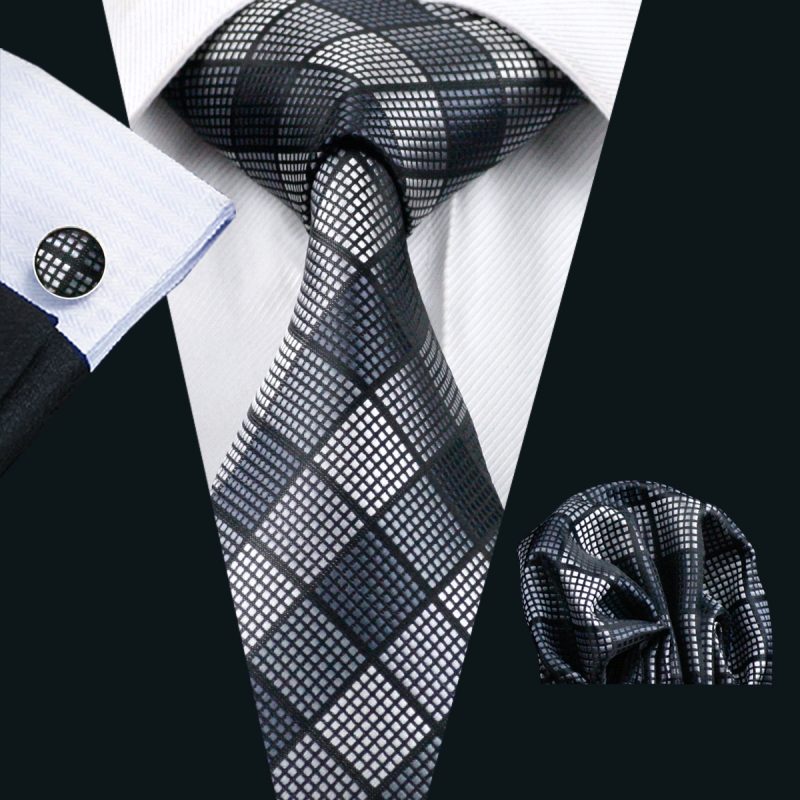 Barry.Wang Plaid Silk Men Tie Hanky Cufflinks Set Checked Jacquard Necktie for Male Formal Casual Wedding Business Party Events - Image 46