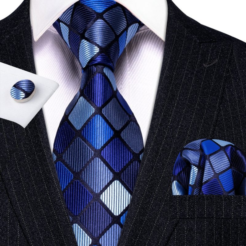 Barry.Wang Plaid Silk Men Tie Hanky Cufflinks Set Checked Jacquard Necktie for Male Formal Casual Wedding Business Party Events - Image 48