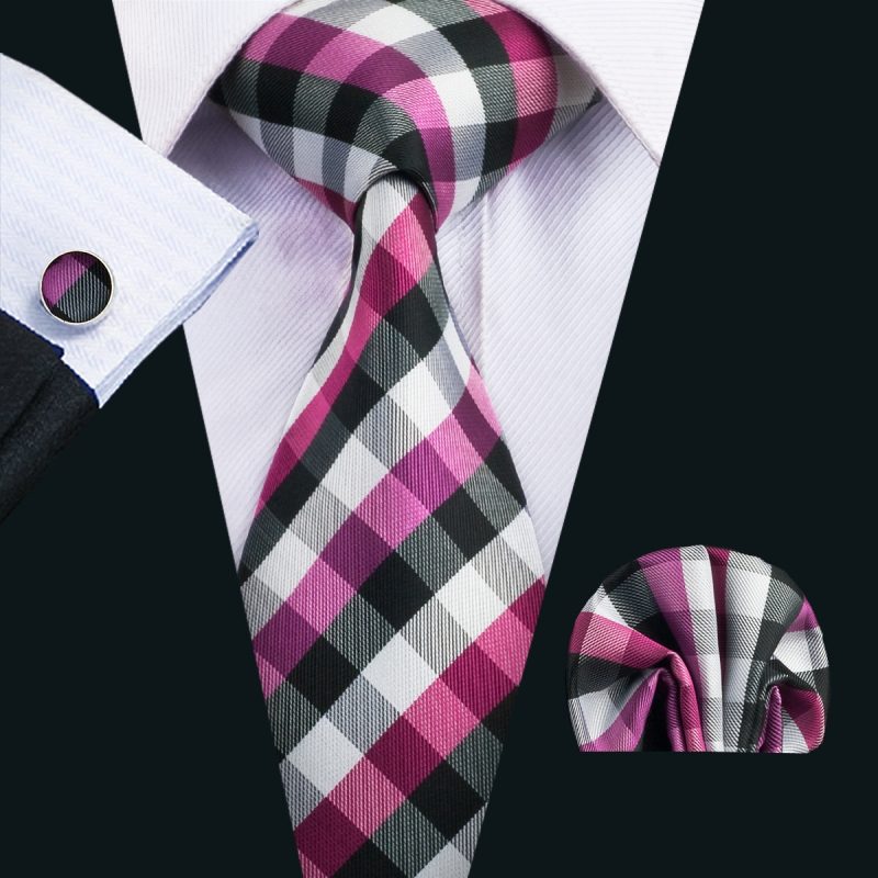 Barry.Wang Plaid Silk Men Tie Hanky Cufflinks Set Checked Jacquard Necktie for Male Formal Casual Wedding Business Party Events - Image 50