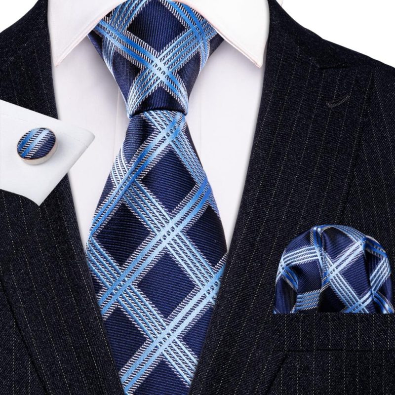 Barry.Wang Plaid Silk Men Tie Hanky Cufflinks Set Checked Jacquard Necktie for Male Formal Casual Wedding Business Party Events - Image 54