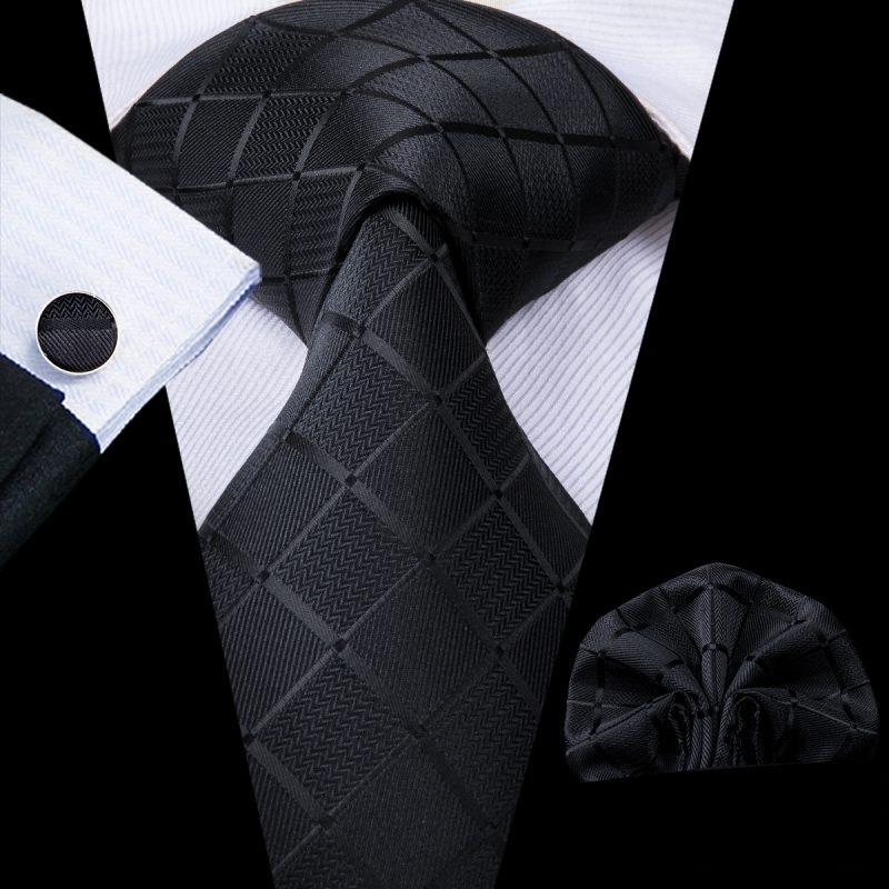Barry.Wang Plaid Silk Men Tie Hanky Cufflinks Set Checked Jacquard Necktie for Male Formal Casual Wedding Business Party Events - Image 55