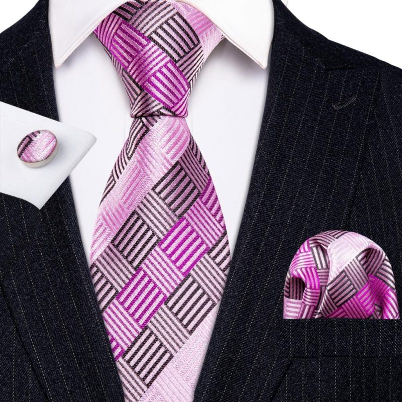Barry.Wang Plaid Silk Men Tie Hanky Cufflinks Set Checked Jacquard Necktie for Male Formal Casual Wedding Business Party Events - Image 63