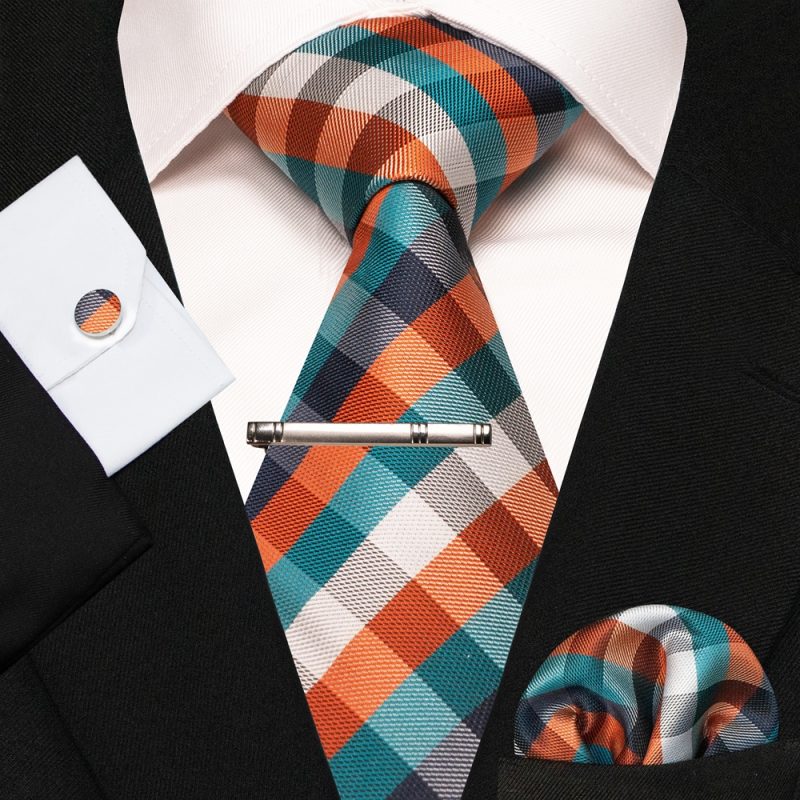 8cm Silk Mens Ties Green Black Ties plaid stripe NeckTie Pocket Square Cufflinks Tie clips Set Men's Wedding business Party Tie - Image 7