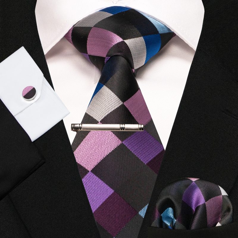 8cm Silk Mens Ties Green Black Ties plaid stripe NeckTie Pocket Square Cufflinks Tie clips Set Men's Wedding business Party Tie - Image 9