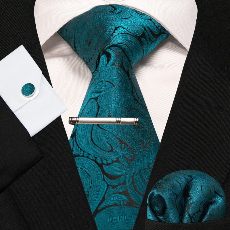 8cm Silk Mens Ties Green Black Ties plaid stripe NeckTie Pocket Square Cufflinks Tie clips Set Men's Wedding business Party Tie - Image 12
