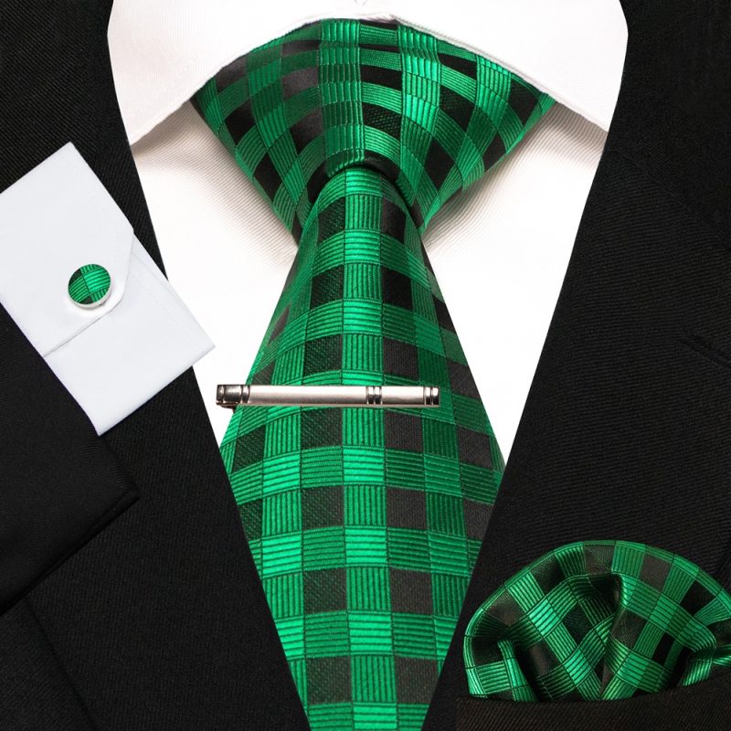 8cm Silk Mens Ties Green Black Ties plaid stripe NeckTie Pocket Square Cufflinks Tie clips Set Men's Wedding business Party Tie - Image 16