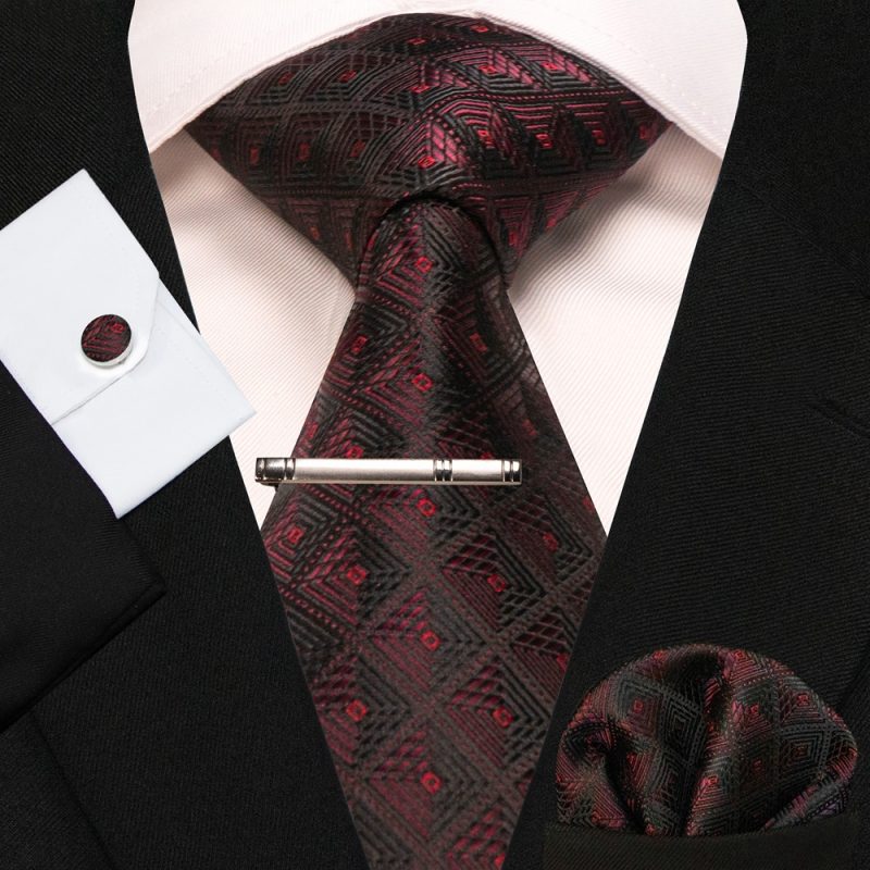 8cm Silk Mens Ties Green Black Ties plaid stripe NeckTie Pocket Square Cufflinks Tie clips Set Men's Wedding business Party Tie - Image 22