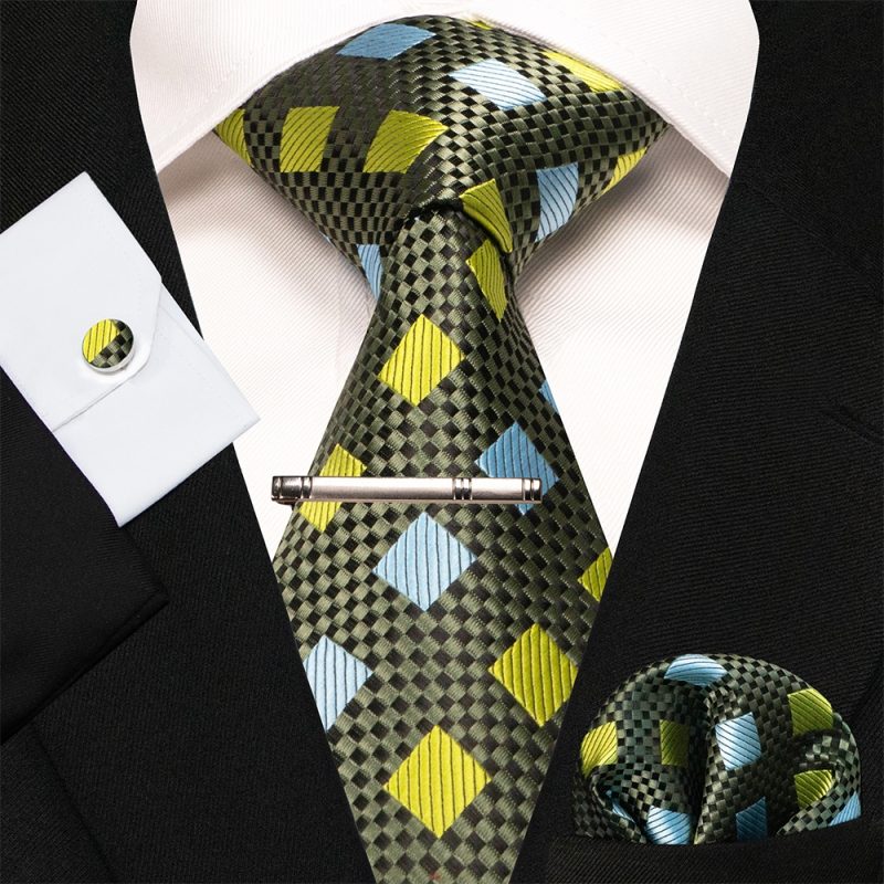 8cm Silk Mens Ties Green Black Ties plaid stripe NeckTie Pocket Square Cufflinks Tie clips Set Men's Wedding business Party Tie - Image 31