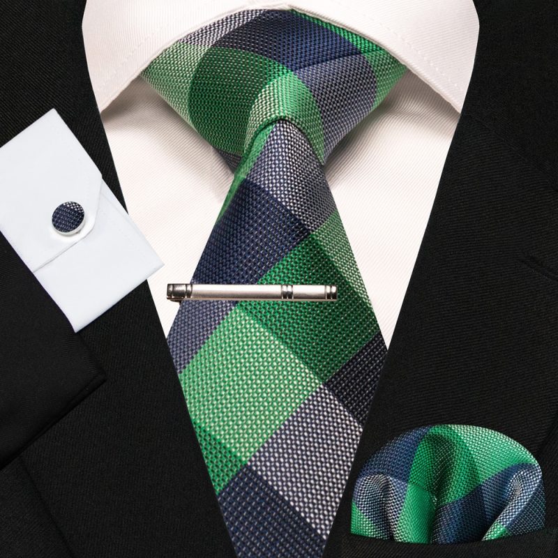 8cm Silk Mens Ties Green Black Ties plaid stripe NeckTie Pocket Square Cufflinks Tie clips Set Men's Wedding business Party Tie - Image 38