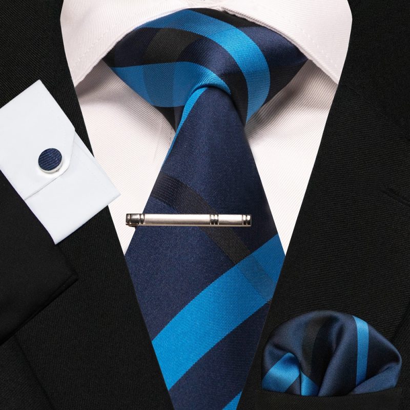 8cm Silk Mens Ties Green Black Ties plaid stripe NeckTie Pocket Square Cufflinks Tie clips Set Men's Wedding business Party Tie - Image 43