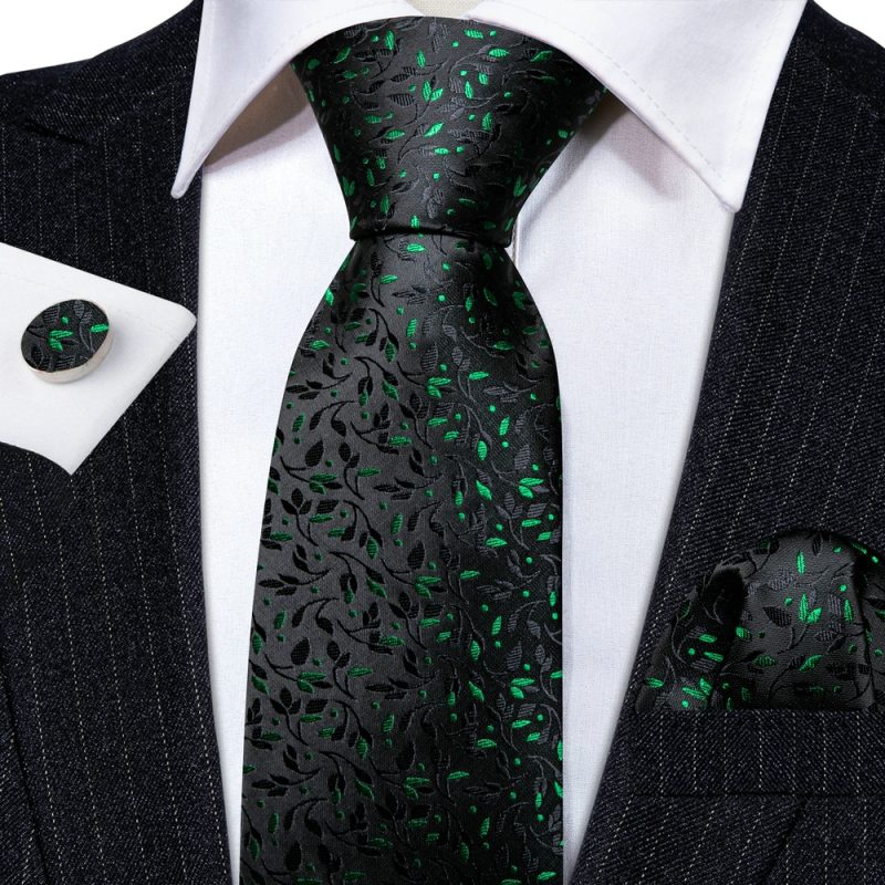 Luxury Silk Mens Ties Set Black Green Leaves Floral Neck Tie Handkerchief Cufflinks Set Wedding Business Party Barry·Wang 5938 - Image 2