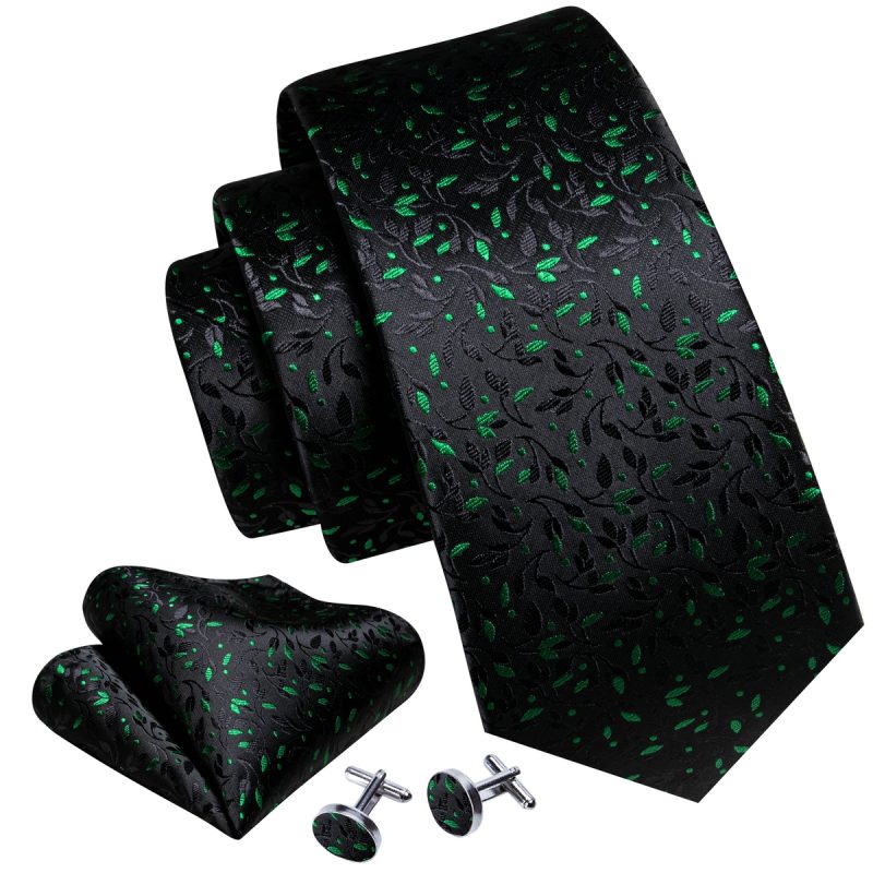 Luxury Silk Mens Ties Set Black Green Leaves Floral Neck Tie Handkerchief Cufflinks Set Wedding Business Party Barry·Wang 5938 - Image 3