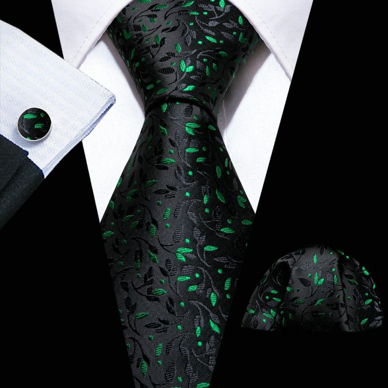 Luxury Silk Mens Ties Set Black Green Leaves Floral Neck Tie Handkerchief Cufflinks Set Wedding Business Party Barry·Wang 5938 - Image 4