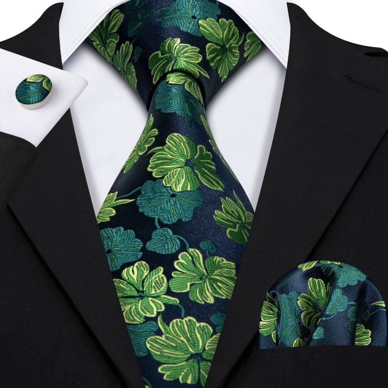 Luxury Silk Mens Ties Set Black Green Leaves Floral Neck Tie Handkerchief Cufflinks Set Wedding Business Party Barry·Wang 5938 - Image 8