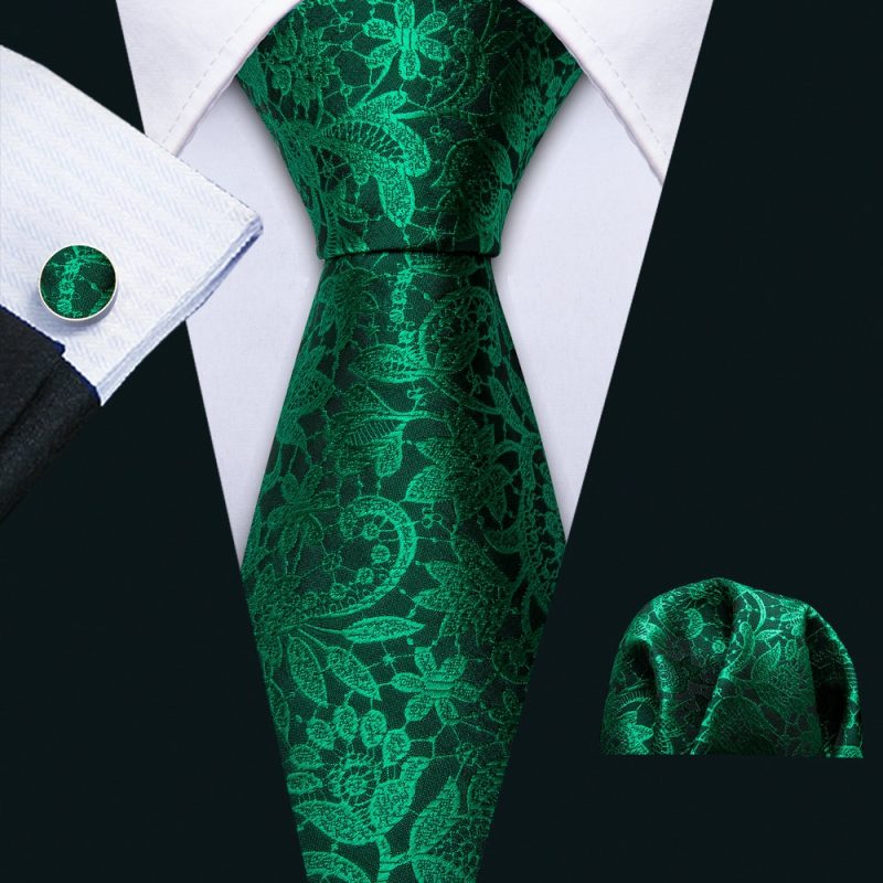 Luxury Silk Mens Ties Set Black Green Leaves Floral Neck Tie Handkerchief Cufflinks Set Wedding Business Party Barry·Wang 5938 - Image 12