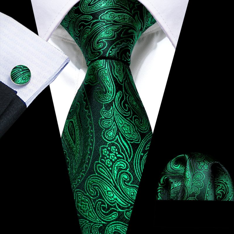 Luxury Silk Mens Ties Set Black Green Leaves Floral Neck Tie Handkerchief Cufflinks Set Wedding Business Party Barry·Wang 5938 - Image 14