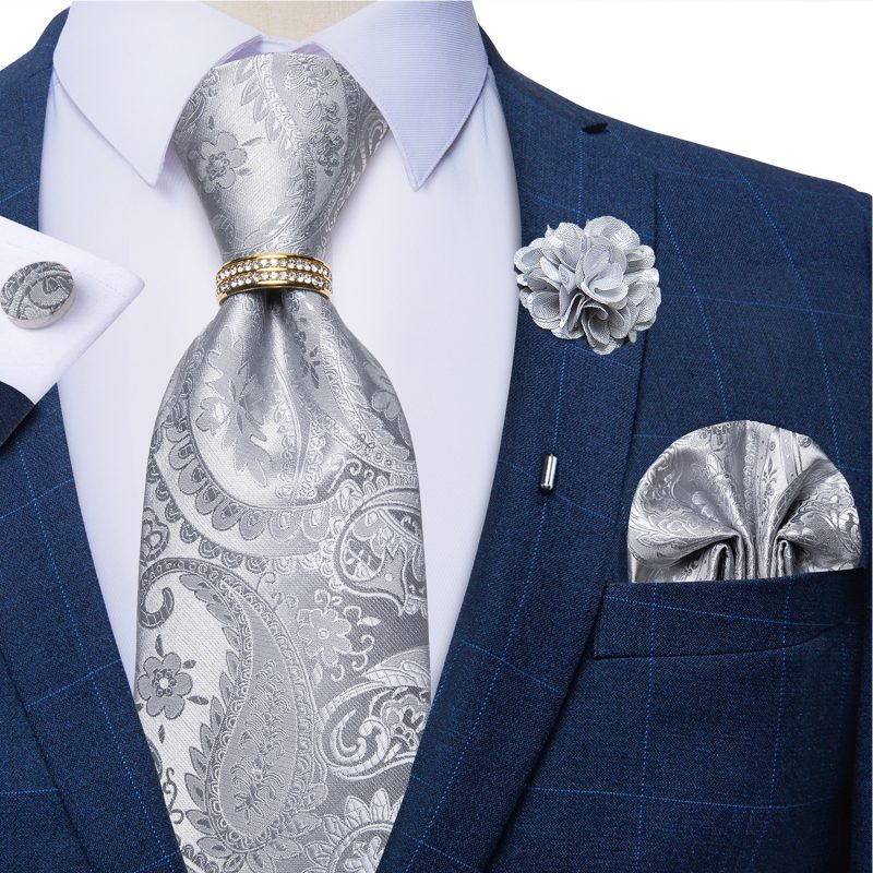 Men's Floral Red 8cm Ties Handkerchief Cufflinks Metal Ring Brooch Pin 5 Pcs Set Wedding Party Suits Accessory Gift for Husband - Image 3