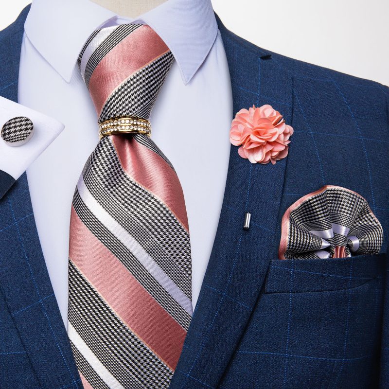 Men's Floral Red 8cm Ties Handkerchief Cufflinks Metal Ring Brooch Pin 5 Pcs Set Wedding Party Suits Accessory Gift for Husband - Image 4