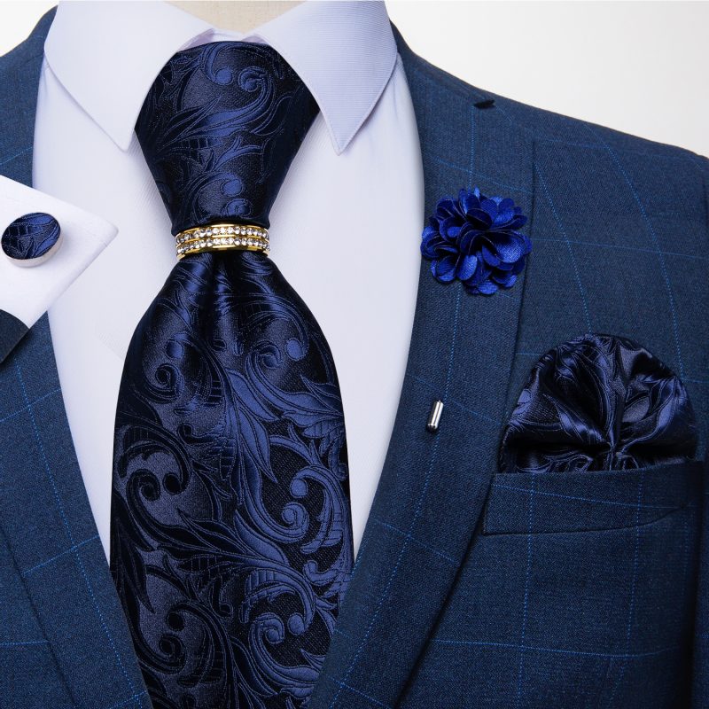 Men's Floral Red 8cm Ties Handkerchief Cufflinks Metal Ring Brooch Pin 5 Pcs Set Wedding Party Suits Accessory Gift for Husband - Image 6