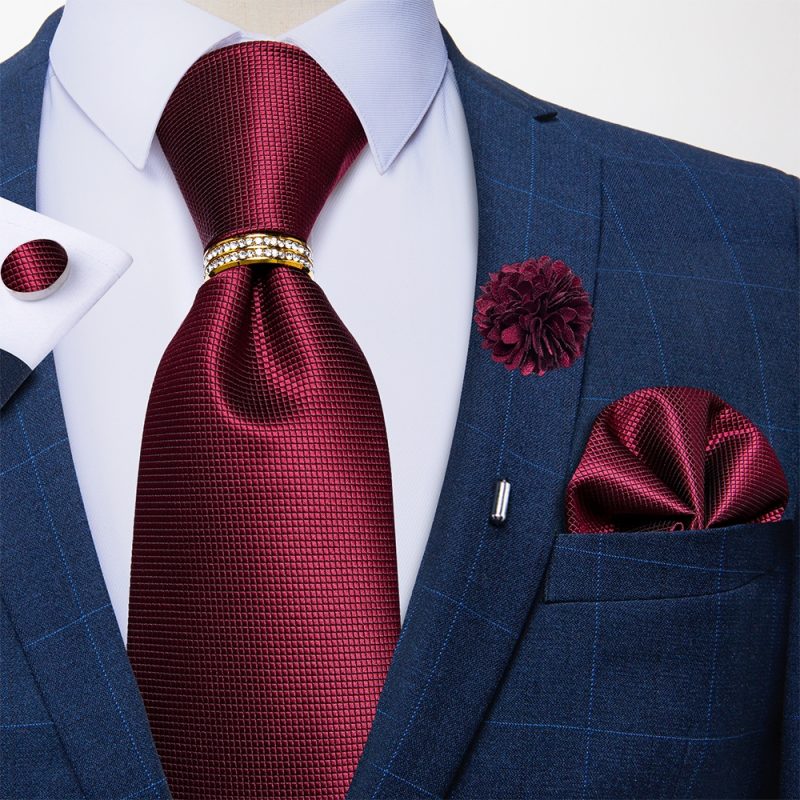 Men's Floral Red 8cm Ties Handkerchief Cufflinks Metal Ring Brooch Pin 5 Pcs Set Wedding Party Suits Accessory Gift for Husband - Image 8
