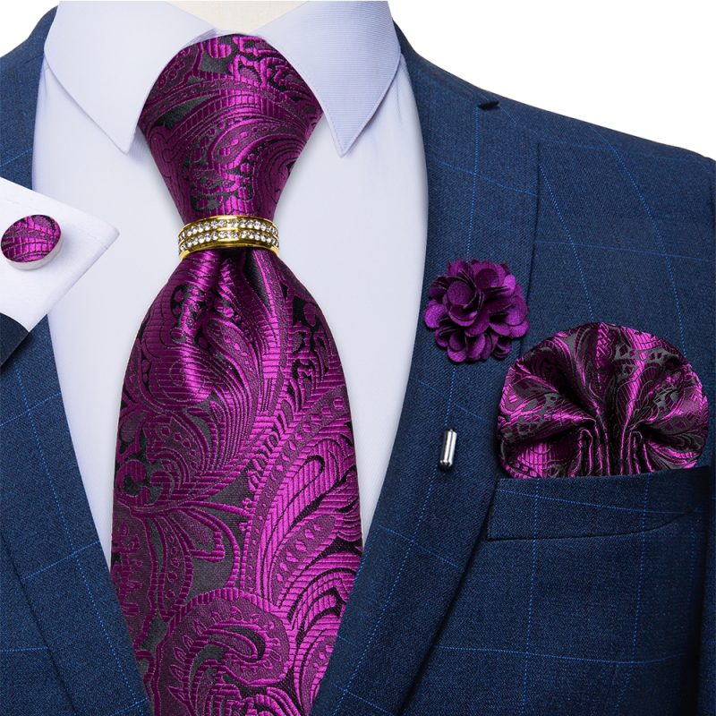 Men's Floral Red 8cm Ties Handkerchief Cufflinks Metal Ring Brooch Pin 5 Pcs Set Wedding Party Suits Accessory Gift for Husband - Image 15