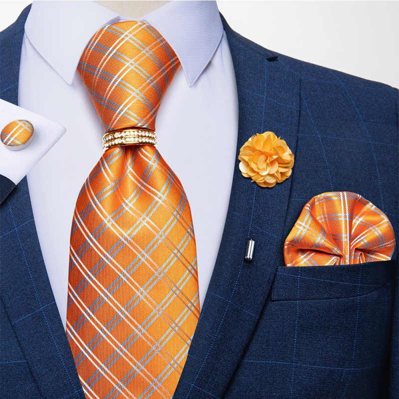 Men's Floral Red 8cm Ties Handkerchief Cufflinks Metal Ring Brooch Pin 5 Pcs Set Wedding Party Suits Accessory Gift for Husband - Image 25