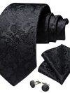 Luxury Black Solid Paisley Tie Set Pocket Square Cufflinks 8cm Jacquard Woven Silk Wedding Party Neck Tie for Men Accessories