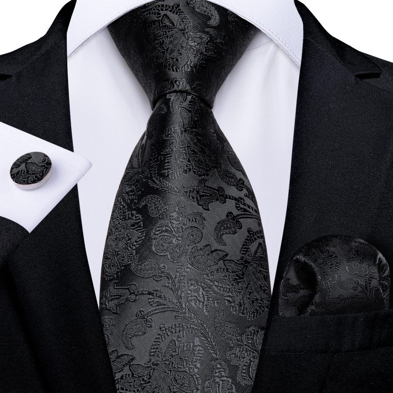 Luxury Black Solid Paisley Tie Set Pocket Square Cufflinks 8cm Jacquard Woven Silk Wedding Party Neck Tie for Men Accessories - Image 2