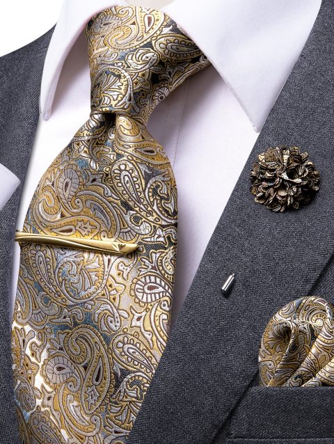 Hi-Tie Yellow Brown Paisley Tie For Men Silk Men's Tie Clip Gift For Men Luxury Necktie Hanky Cufflinks Set Formal Wedding