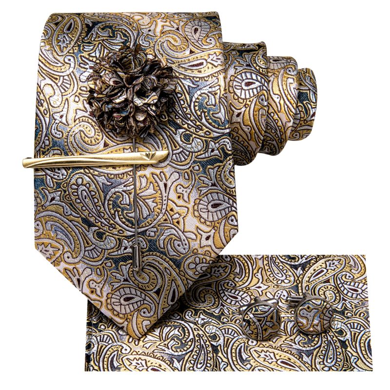 Hi-Tie Yellow Brown Paisley Tie For Men Silk Men's Tie Clip Gift For Men Luxury Necktie Hanky Cufflinks Set Formal Wedding - Image 2