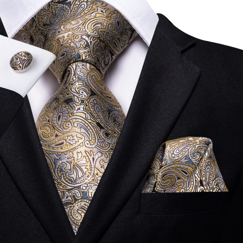 Hi-Tie Yellow Brown Paisley Tie For Men Silk Men's Tie Clip Gift For Men Luxury Necktie Hanky Cufflinks Set Formal Wedding - Image 3