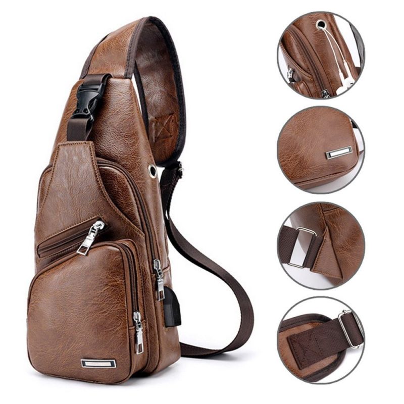 USB data cable charging chest bag casual fashion shoulder bag PU outdoor sports men's bag - Image 4