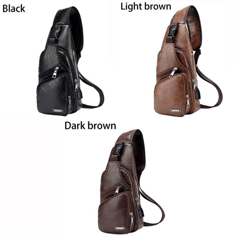 USB data cable charging chest bag casual fashion shoulder bag PU outdoor sports men's bag - Image 5