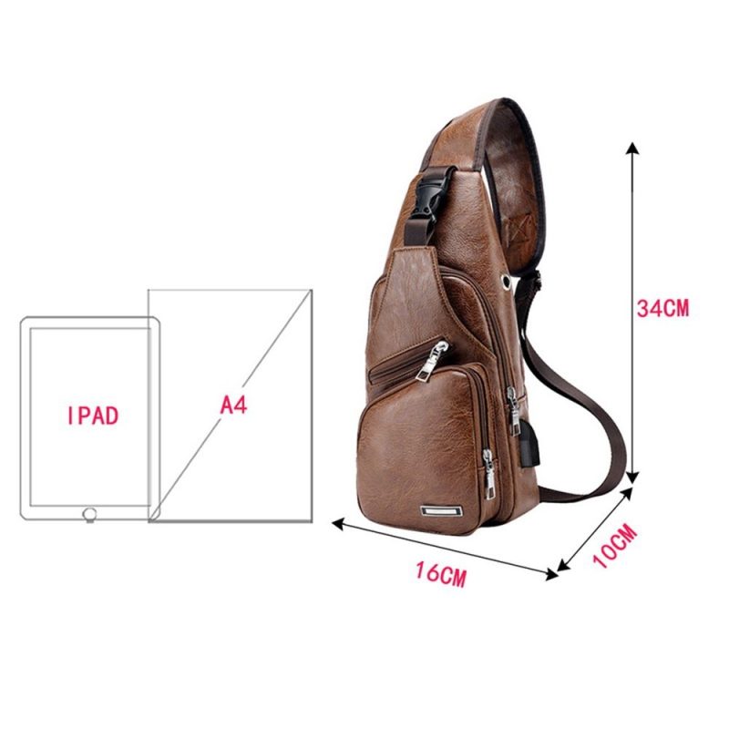 USB data cable charging chest bag casual fashion shoulder bag PU outdoor sports men's bag - Image 6
