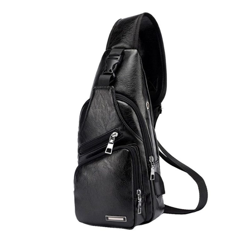 USB data cable charging chest bag casual fashion shoulder bag PU outdoor sports men's bag - Image 7