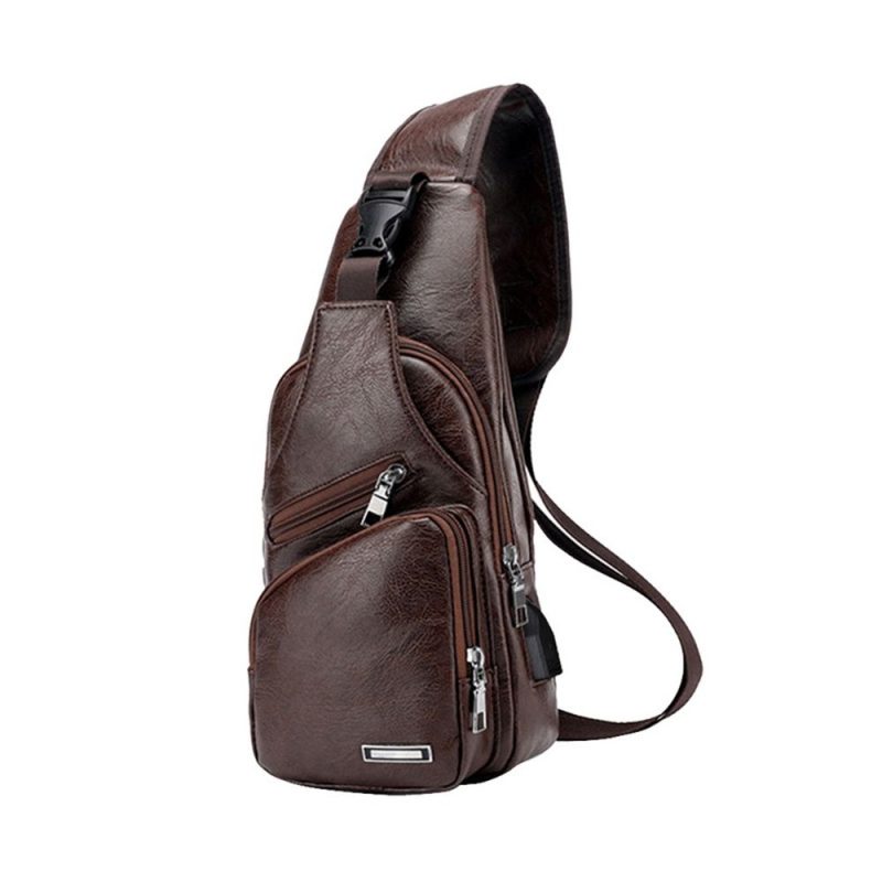 USB data cable charging chest bag casual fashion shoulder bag PU outdoor sports men's bag - Image 8